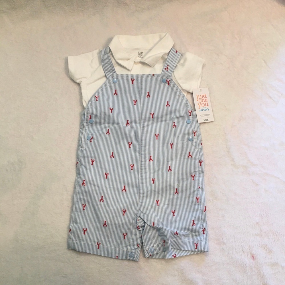 Carter's Baby Denim Overalls – Lobster Patch & Blue Stripes, Nautical Theme